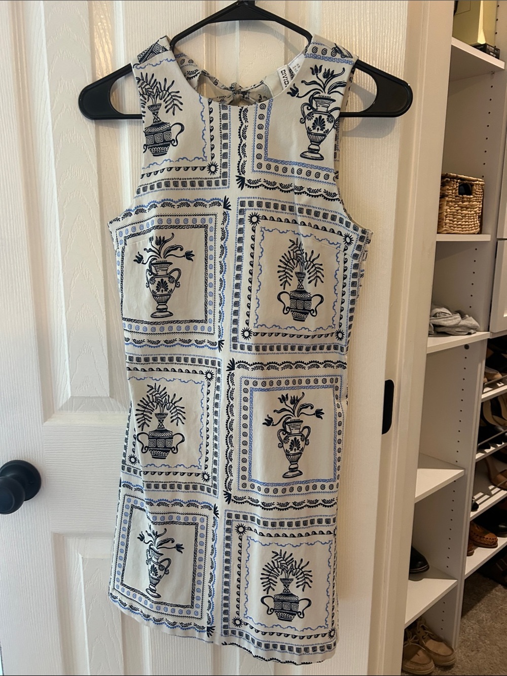 Divided Ivory Mini Dress with Navy Tile Vase Print